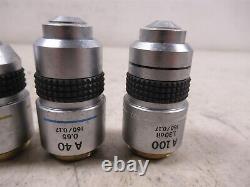 Lot of 4 Olympus Microscope Objective Lenses A100x A40x A10x and A4x For CH CHA