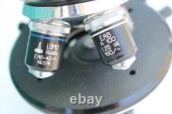 VINTAGE LOMO RUSSIAN MICROSCOPE With 4 LENS OBJECTIVES EAB-40-1 EAB-4-1 A Plan 10