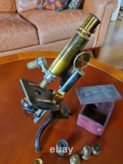 Microscope En Laiton Antique Avec Accessoires Et Objectifs D'objectif