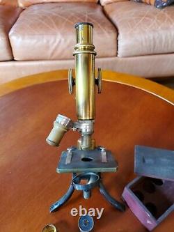 Microscope En Laiton Antique Avec Accessoires Et Objectifs D'objectif