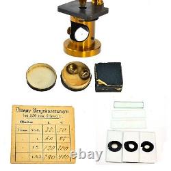 Microscope à tambour monoculaire en laiton laqué du 19ème siècle avec 2 oculaires et 3 objectifs