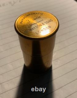 Objectif de microscope antique Watson & Sons de 3 pouces, grossissement approximatif de 2x